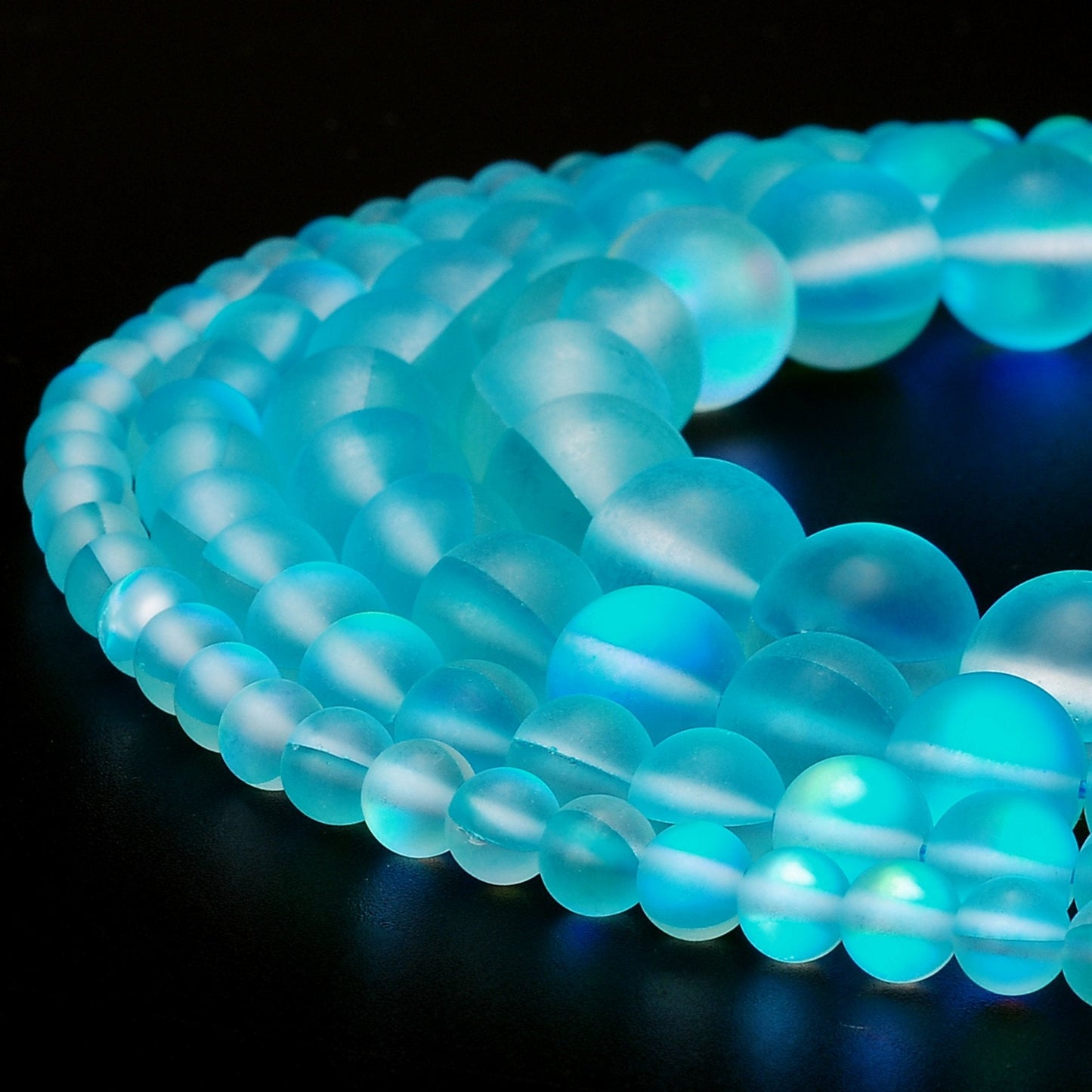 RUBYCA 8mm Round Moonstone Matte Crystal Glass Beads Aura for Jewelry Making Blue, 1 Strand