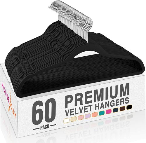 HOUSE DAY Black Velvet Hangers - 60 Pack with Clips & Leggings Organizers for Neat Storage