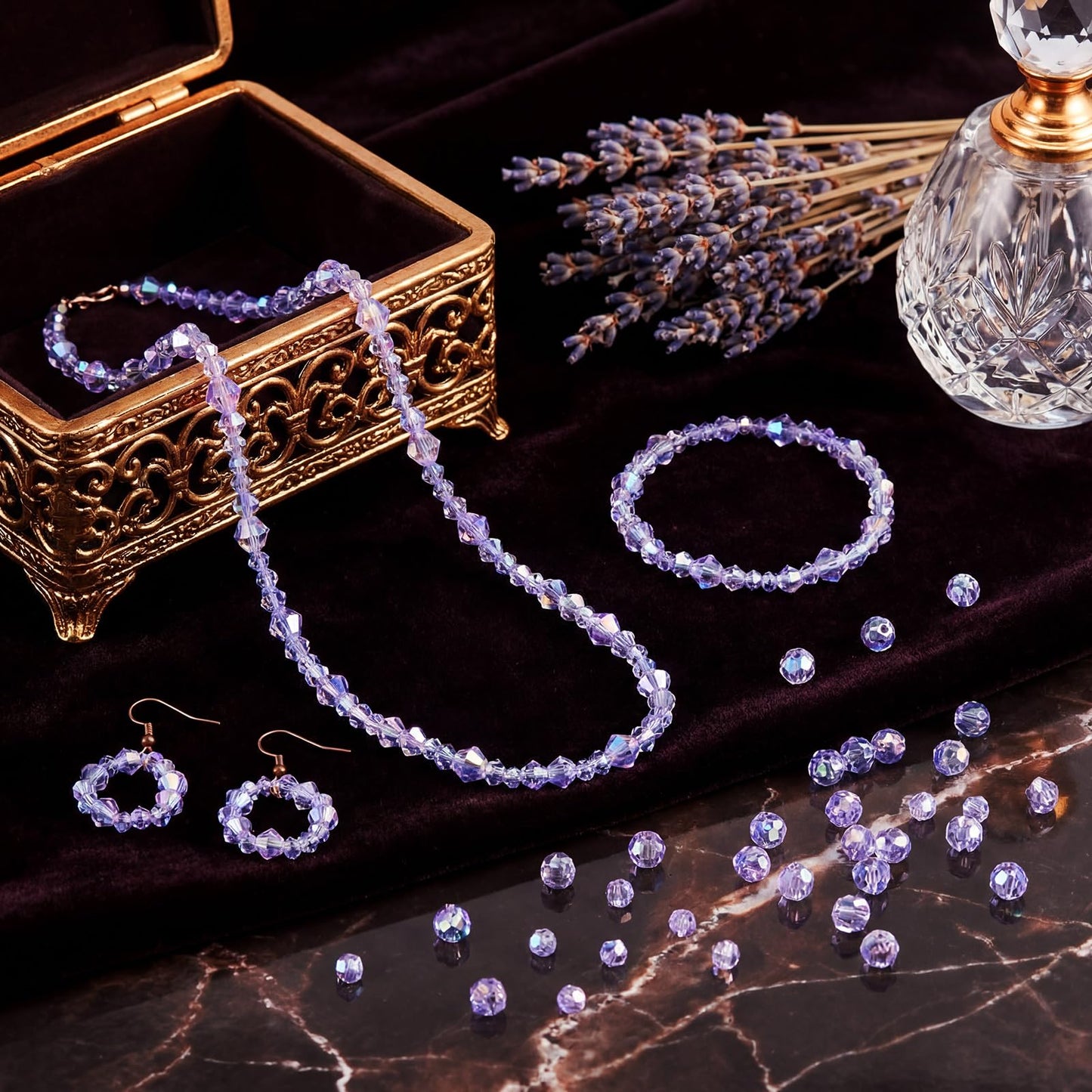 Kigeli 1280 Pcs Glass Beads Bulk Assorted Crystal Beads for Jewelry Making Faceted Teardrop Rondelle Briolette for DIY Crafts Necklace Wristband Earring Kit(Classic,Purple)