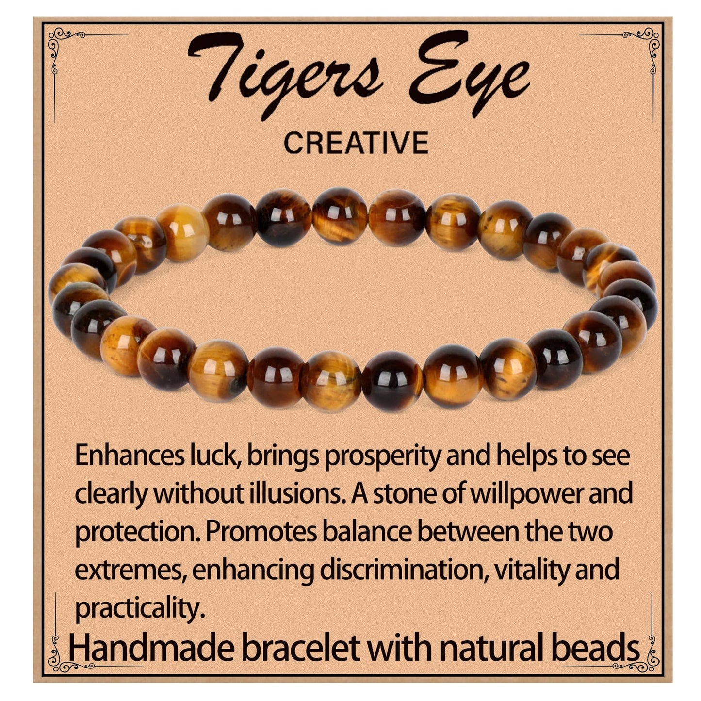 LPBeads Handmade Natural Gemstone Stretch Elastic 6mm Yellow Tiger's Eye Bracelet Healing Crystal Round Stone Beads Jewelry Gifts for Women Men