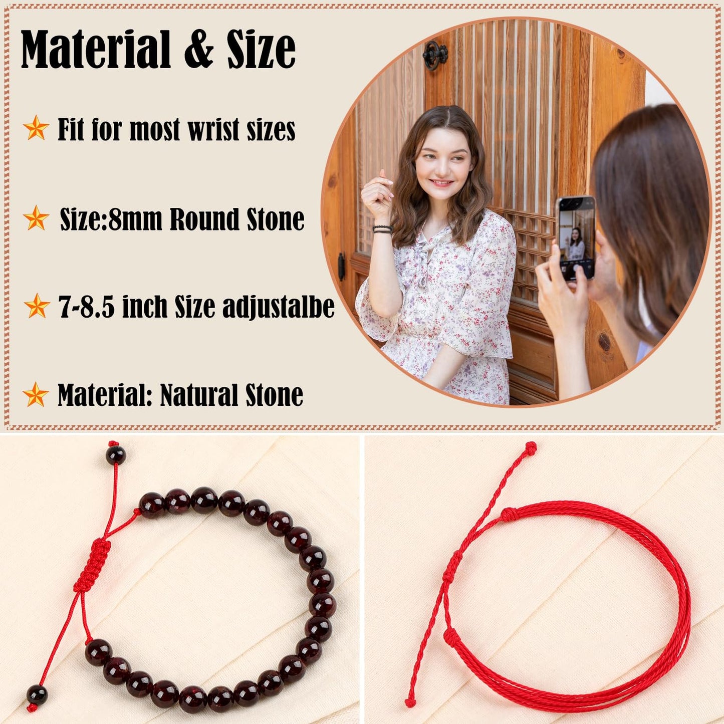 LPBeads 8mm Garnet Bracelet with Handmade Rope Bracelet Size Adjustable Natural Stone Crystal Healing Bracelets Gifts for Unisex Adults