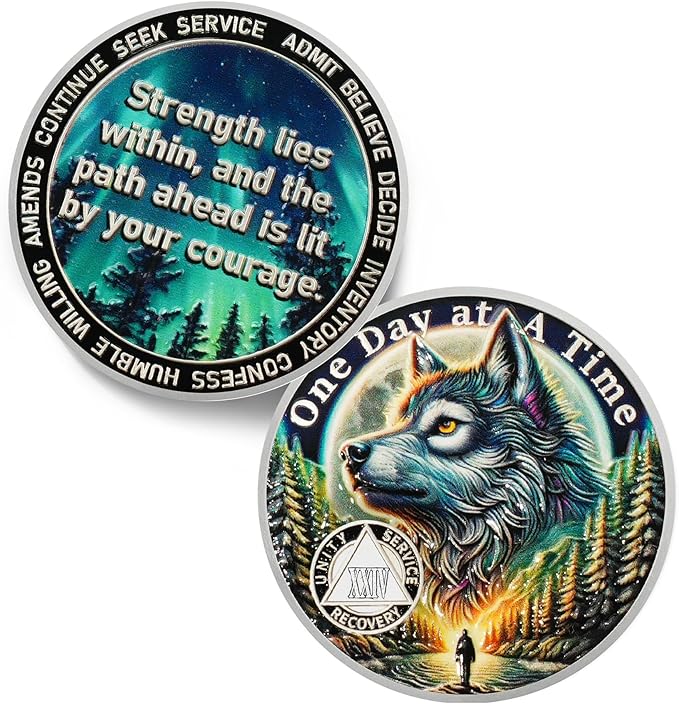 One Day At a Time 24 Year Sobriety Coin - Recovery Triangle Aurora Wolf AA Coins - Addiction NA AA Chips and Medallions - Celebrate 1-30 Living Clean Narcotics Alcoholics Anonymous Gifts for Men Women