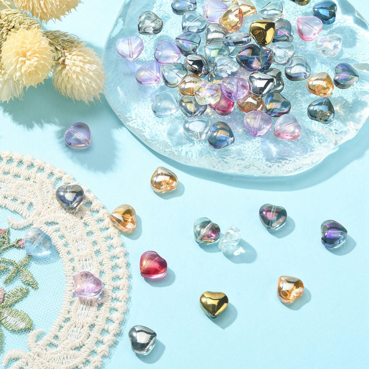 UR URlifehall 100 Pcs Heart Electroplate Transparent Glass Beads with Glitter Gold Colorful Heart Shaped Glass Beads for Keychain Jewelry Making