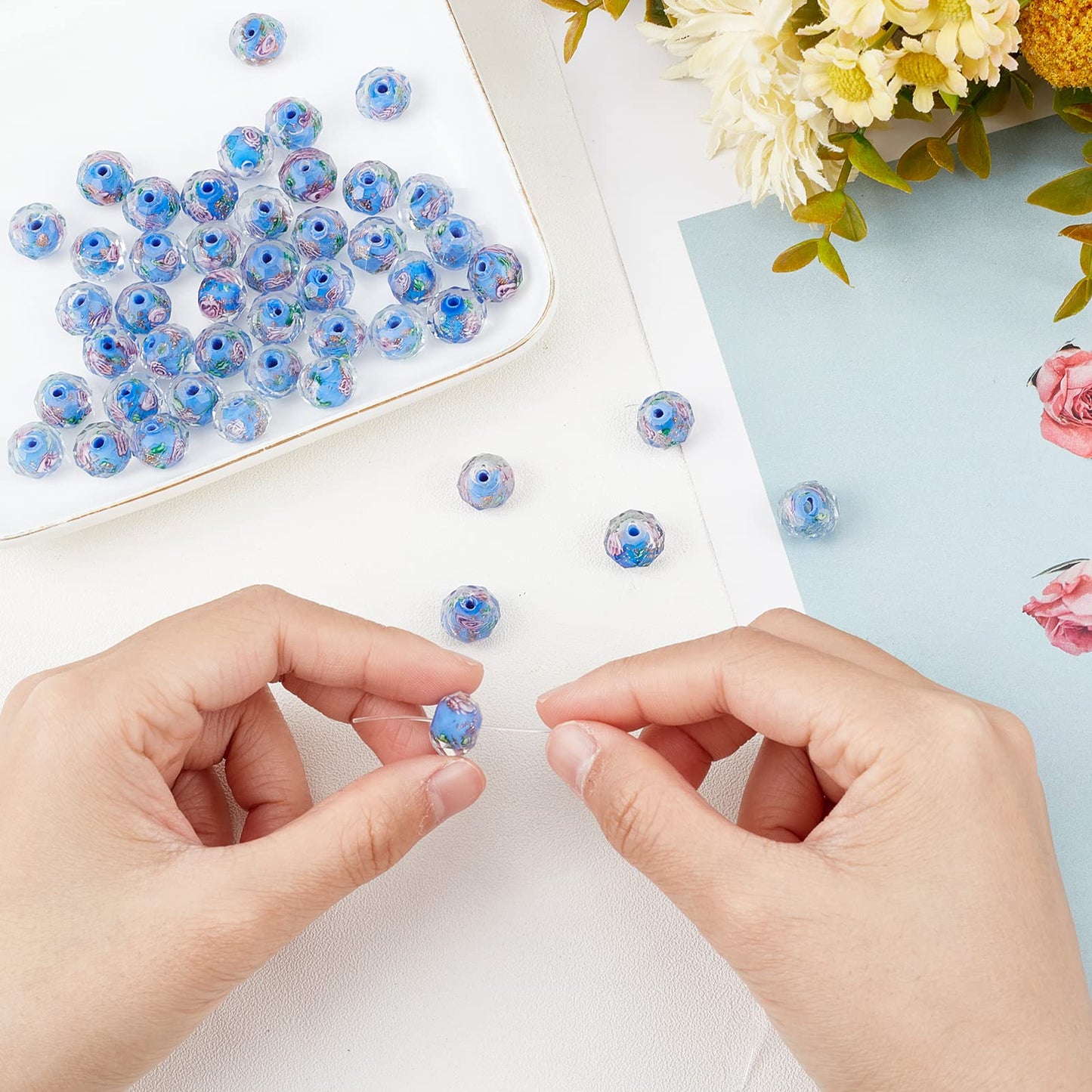 PH PandaHall 45pcs 12mm Gold Sand Lampwork Beads Glass Handmade Round Loose Beads with Hole for Rosary Making Jewelry Craft Making - Cornflower Blue