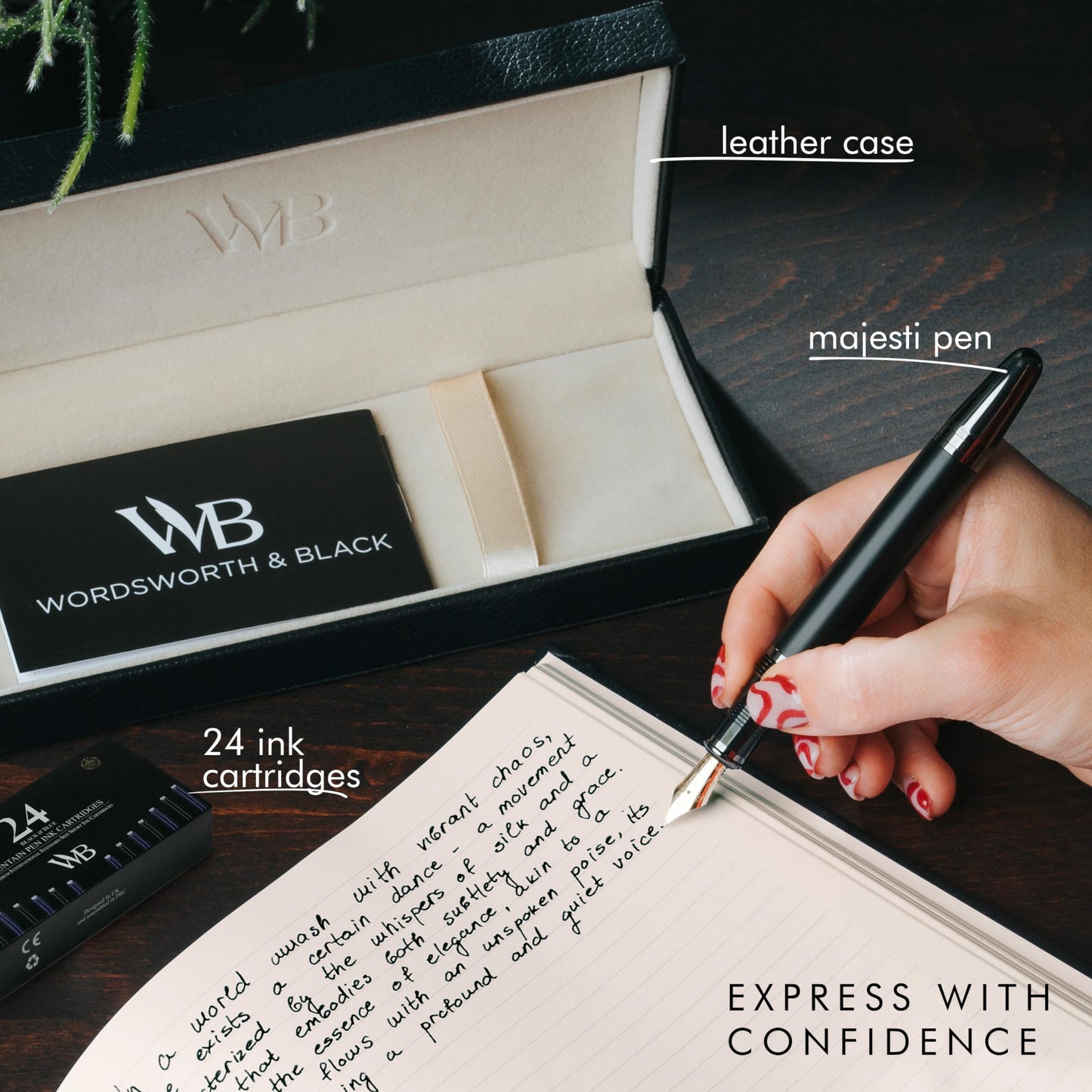 Wordsworth & Black Majesti Fountain Pen-(Black), Luxury Case, 24K Gold Finish; 18K Gilded Medium Nib- Ink Cartridges, Refillable Ink Converter-Calligraphy Pen-Best Business Gift Set for Men & Women