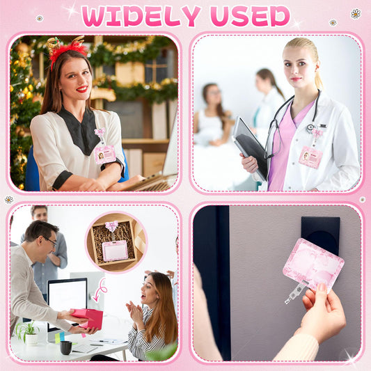 Geyoga Pink Floral Bow Gifts Set Includes Horizontal ID Badge Holder and Retractable Bow Badge Reel with Alligator Clip Watercolor Card Holder for Worker Doctor Nurse Teacher Office Accessories