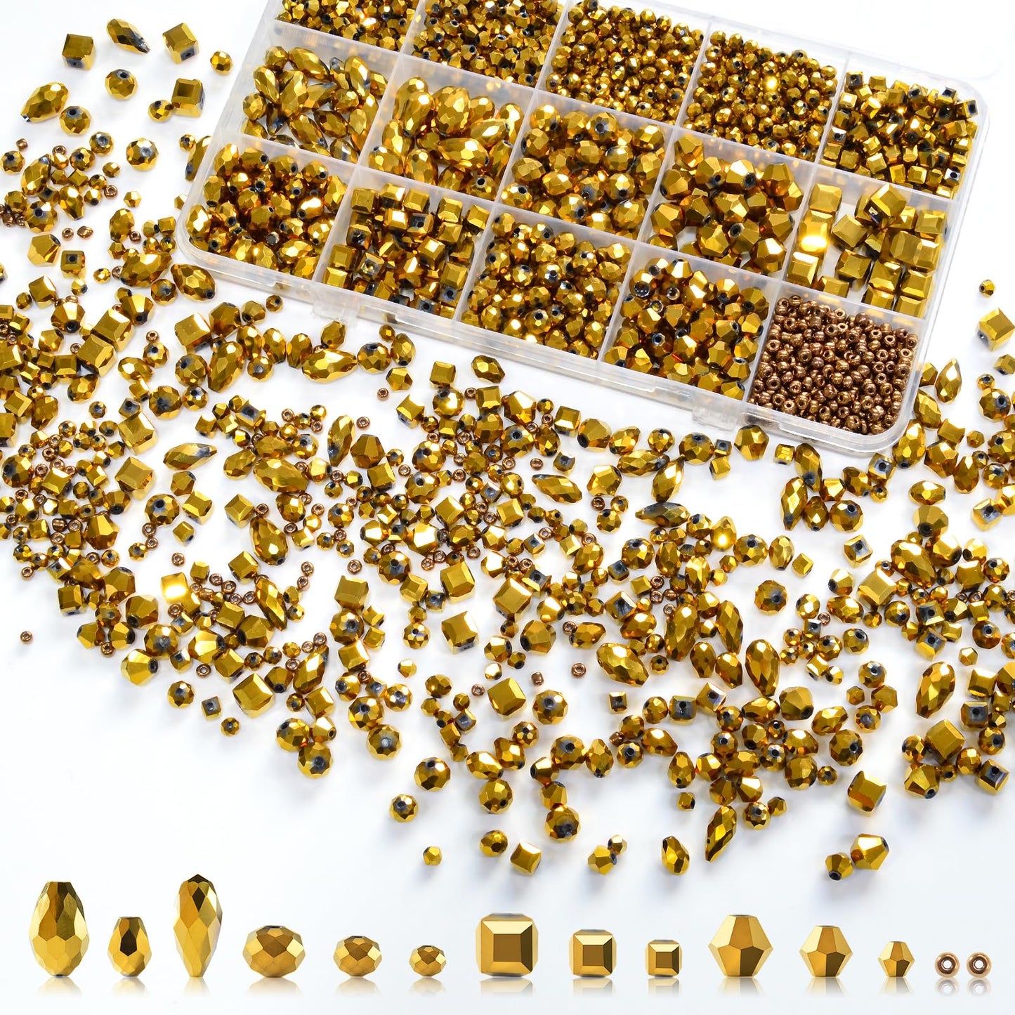Laopottbeads 1500 Pcs Crystal Glass Beads for Jewelry Making – 12 Styles Bicone, Rondelle, Cube, Teardrop & 3mm Spacer Beads, DIY Bracelet Necklace Earring Craft Kit Random Colors(Coffee Gold)