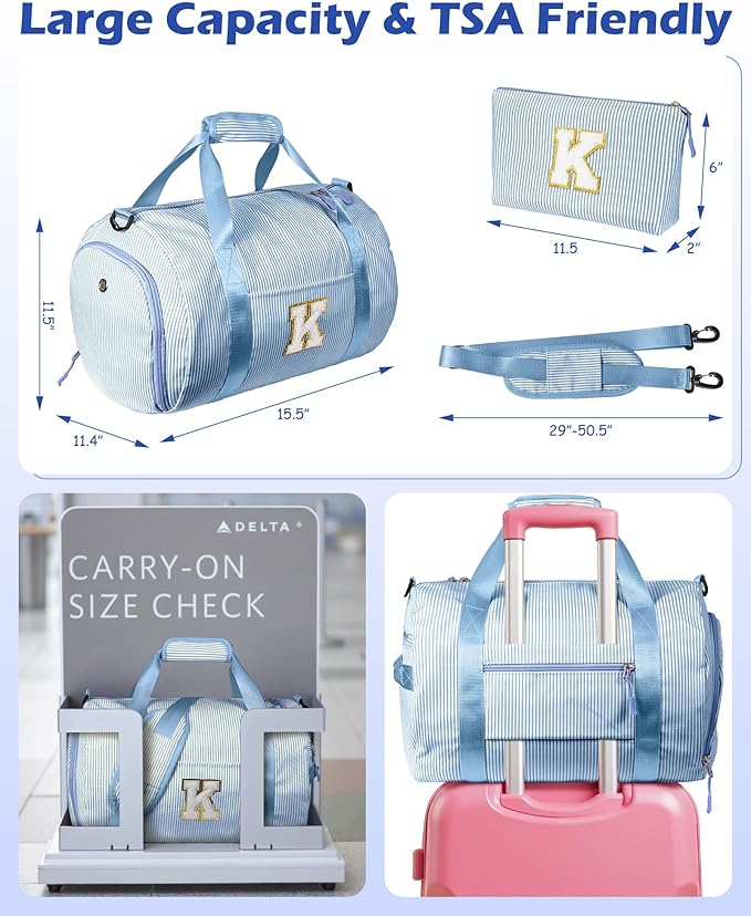 Fashionable Gifts for Teens Girl, Girl Gym Bag, Kids Initial Overnight Duffel Bags with Shoe Compartment, Personalized Travel Bag with Makeup Pouch, Gift for Niece Sister (Letter T)
