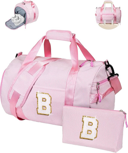 Cute Preppy Gifts for Girls, Girl Gym Bag, Kids Initial Overnight Duffel Bags with Shoe Compartment, Personalized Travel Bag with Makeup Pouch, Trendy Stuff for Teen Sister(Letter B)