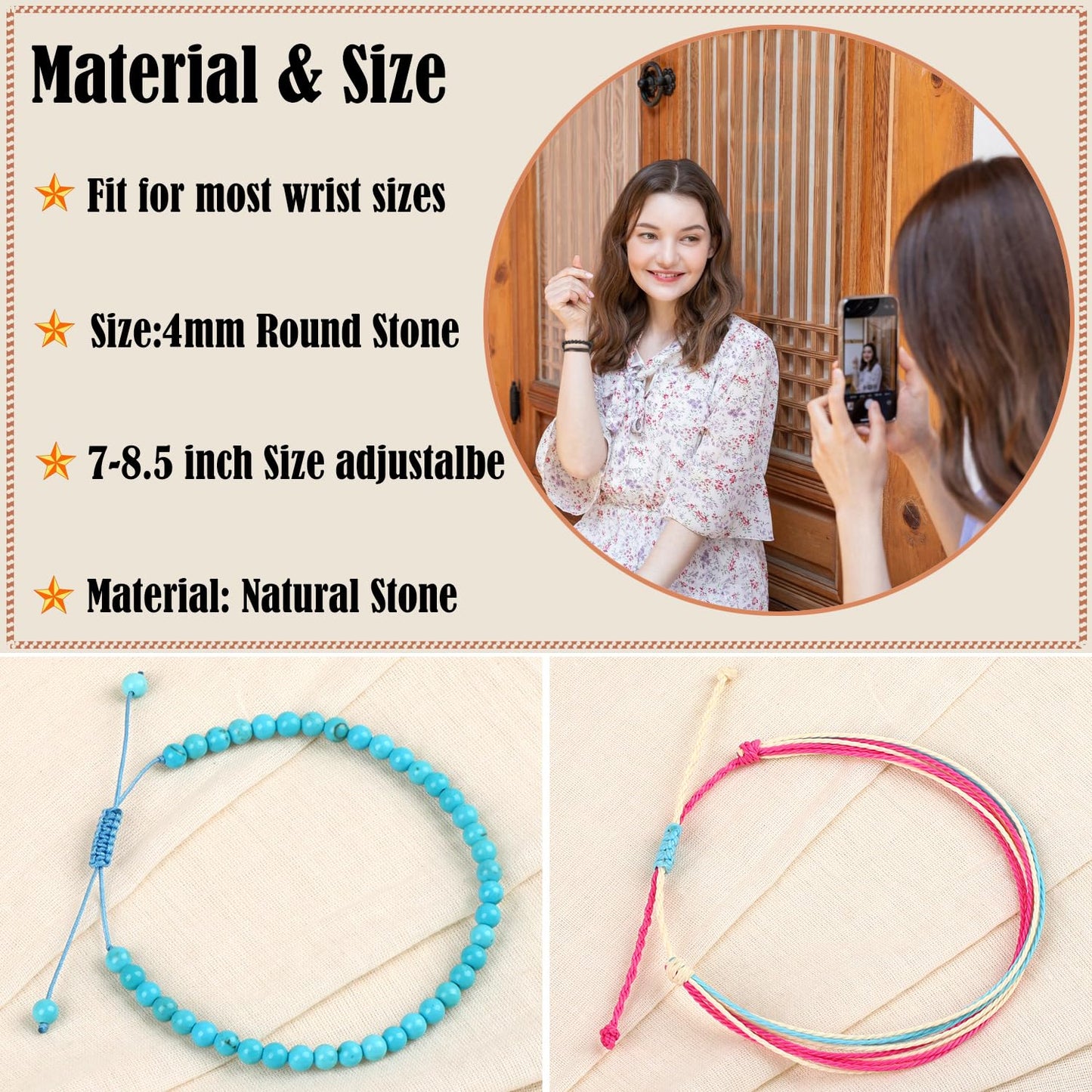 LPBeads 4mm Blue Turquoise Bracelet with Handmade Rope Bracelet Size Adjustable Stone Crystal Healing Bracelets Gifts for Unisex Adults