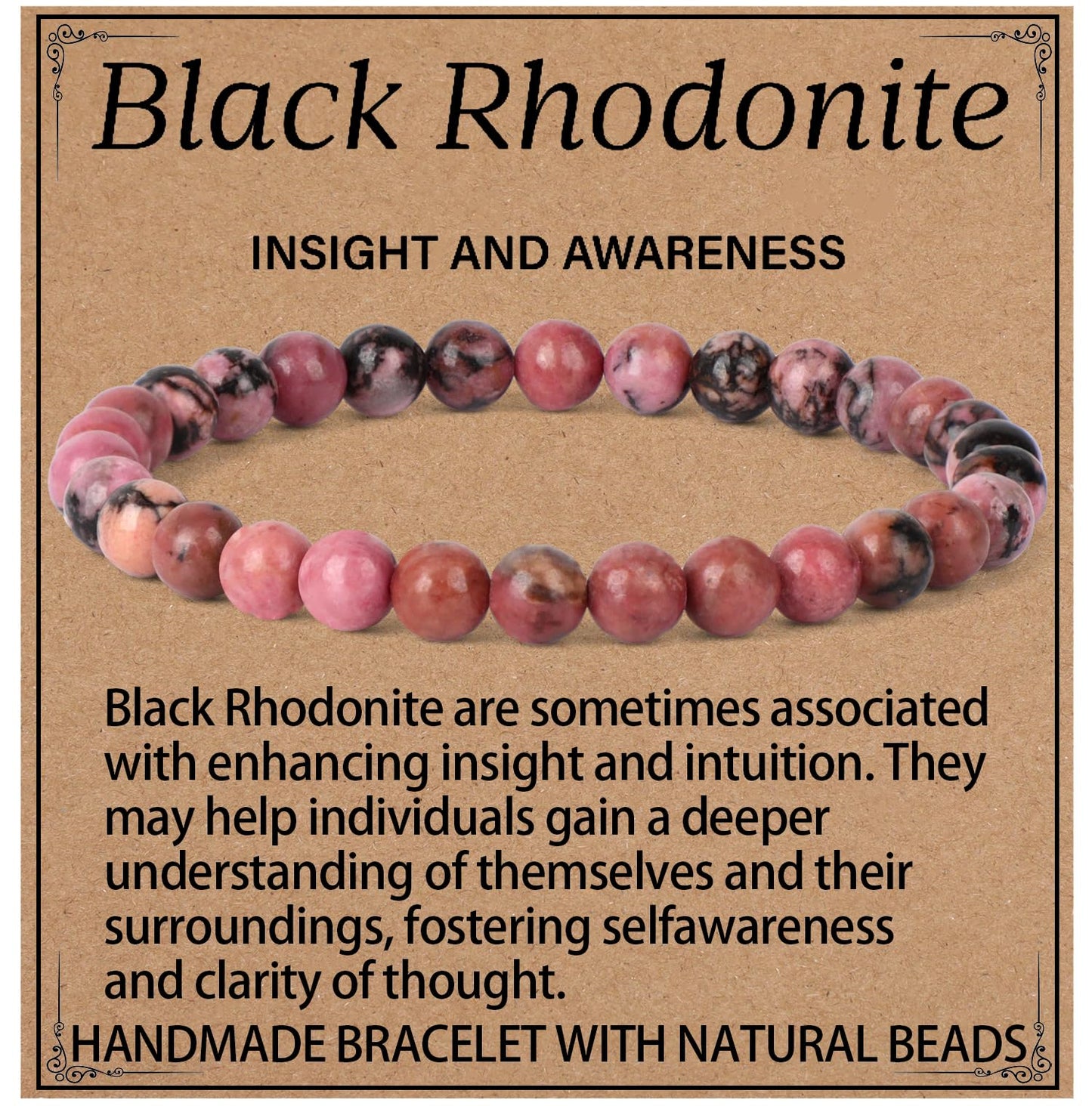 LPBeads Handmade Natural Gemstone Stretch Elastic 6mm Pink Black Rhodonite Bracelet Healing Crystal Round Stone Beads Jewelry Gifts for Women Men