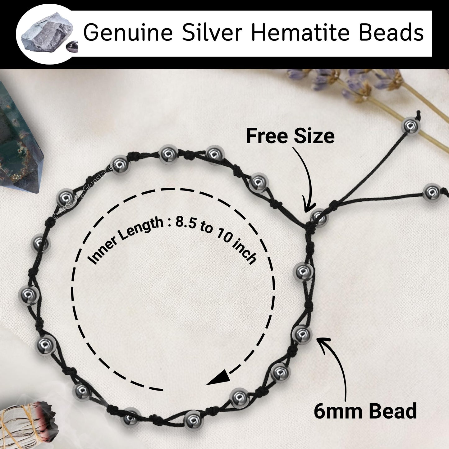 Amazing Gemstone Silver Hematite Anklet Ankle Bracelets for Women - Waterproof Beaded Healing Crystal Anklets, Plus Size Chakra Gemstone Bead Anklet (Stretchy Adjustable - Hand Knotted)