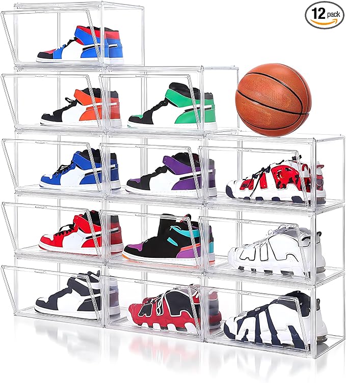 BVBOX 12 Pack Acrylic Shoe Storage Boxes with Magnetic Door - 360° Clear Stackable Shoe Display Box Set, Plastic Shoe Cabinet Rack Box for Sneakers Heels Shoes (12, Clear, XL - Side Open)