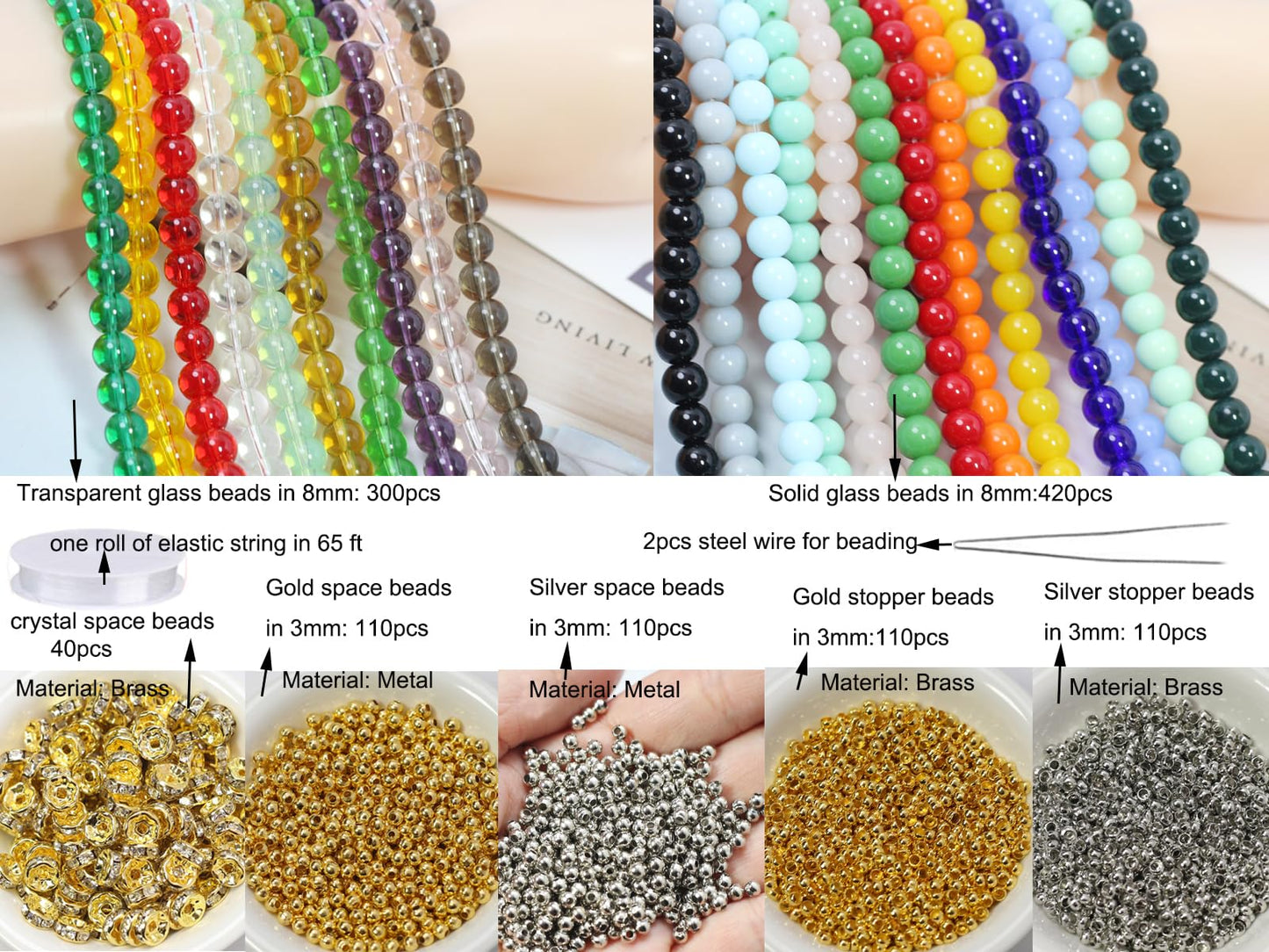 Pamir Tong 720PCS 8mm Glass Round Beads Bulk Crystal Beads Bracelet Beads Making Kit Healing Chakra Beads with 500pcs Space Loose Beads for Jewelry Making and DIY Crafts (8mm Solid&Clear)