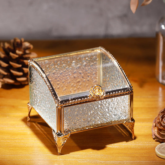 DHCGPP Glass Vintage Jewelry Box Keepsake storage Trinket Ring Display Box Home Decor Baked Curved Clear Glass Box Organizer(3.8x3.8x3Inches)