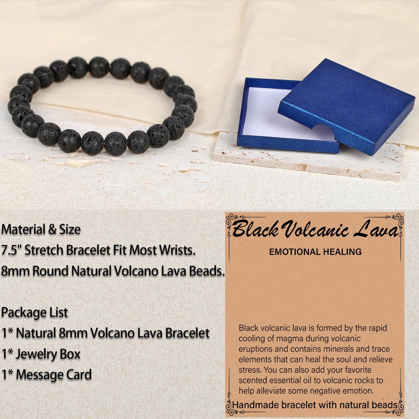 LPBeads Handmade Natural Gemstone Stretch Elastic 8mm Black Lava Bracelet Healing Crystal Round Stone Beads Jewelry Gifts for Women Men
