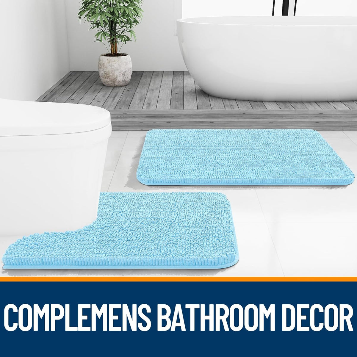 OLANLY Bath Rugs - Extra Soft Chenille, Quick Dry & Absorbent | 24x16 Sky Blue Machine Washable Mats