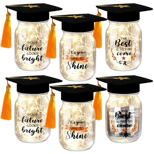 Hushee 6 Set Graduation Mason Jar for Table Centerpieces, Decorative Mason Jar with LED Light and Graduation Caps, Class of 2026 Gifts bulk for High School College Congrats Party Decor