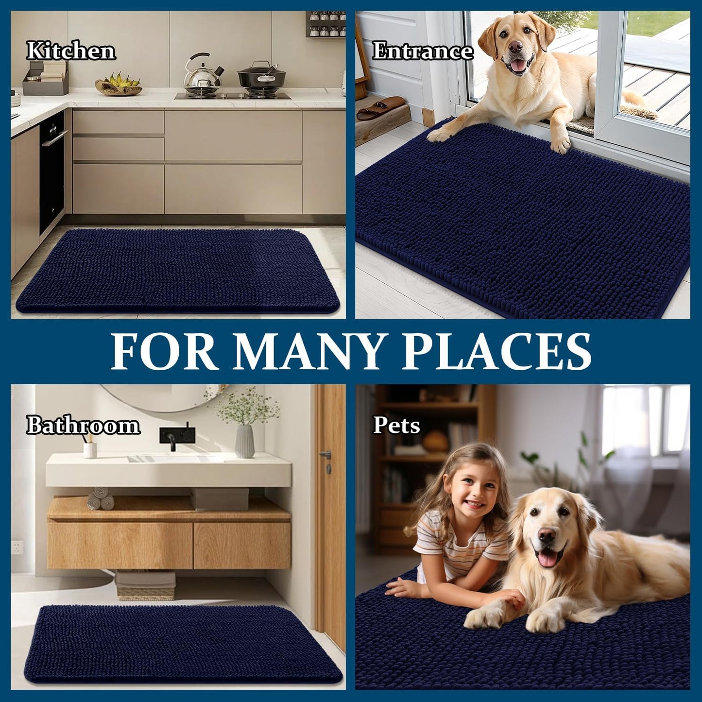 OLANLY Dog Door Mat - Absorbent Non-Slip Washable Chenille Mat for Muddy Paws | 47x17, Navy Blue