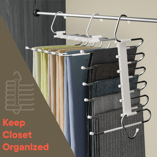 Campior Space Saving Pants Hangers 2 Pack, 6 Layer Jeans Hangers and Closet Organizer for Jeans, Scarves, & Skirts, Multi-Layer Hanger with Anti-Slip Stopper, Heavy-Duty S-Type Stainless Steel, White