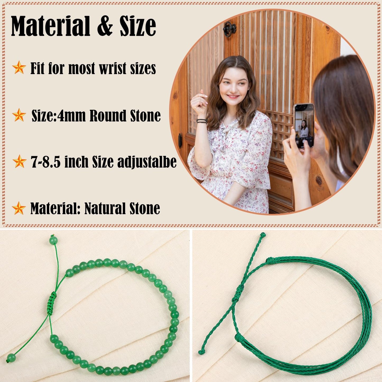 LPBeads 4mm Green Aventurine Bracelet with Handmade Rope Bracelet Size Adjustable Natural Stone Crystal Healing Bracelets Gifts for Unisex Adults