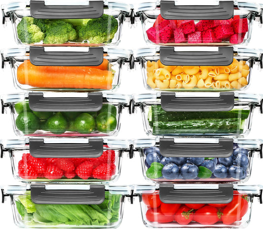 Skroam 10 Pack Glass Meal Prep Containers, 22 OZ Glass Airtight Food Storage Containers with Lids, Pantry Kitchen Storage Containers for Lunch, Food Storage, Meal Prep, Lunch Bento Boxes