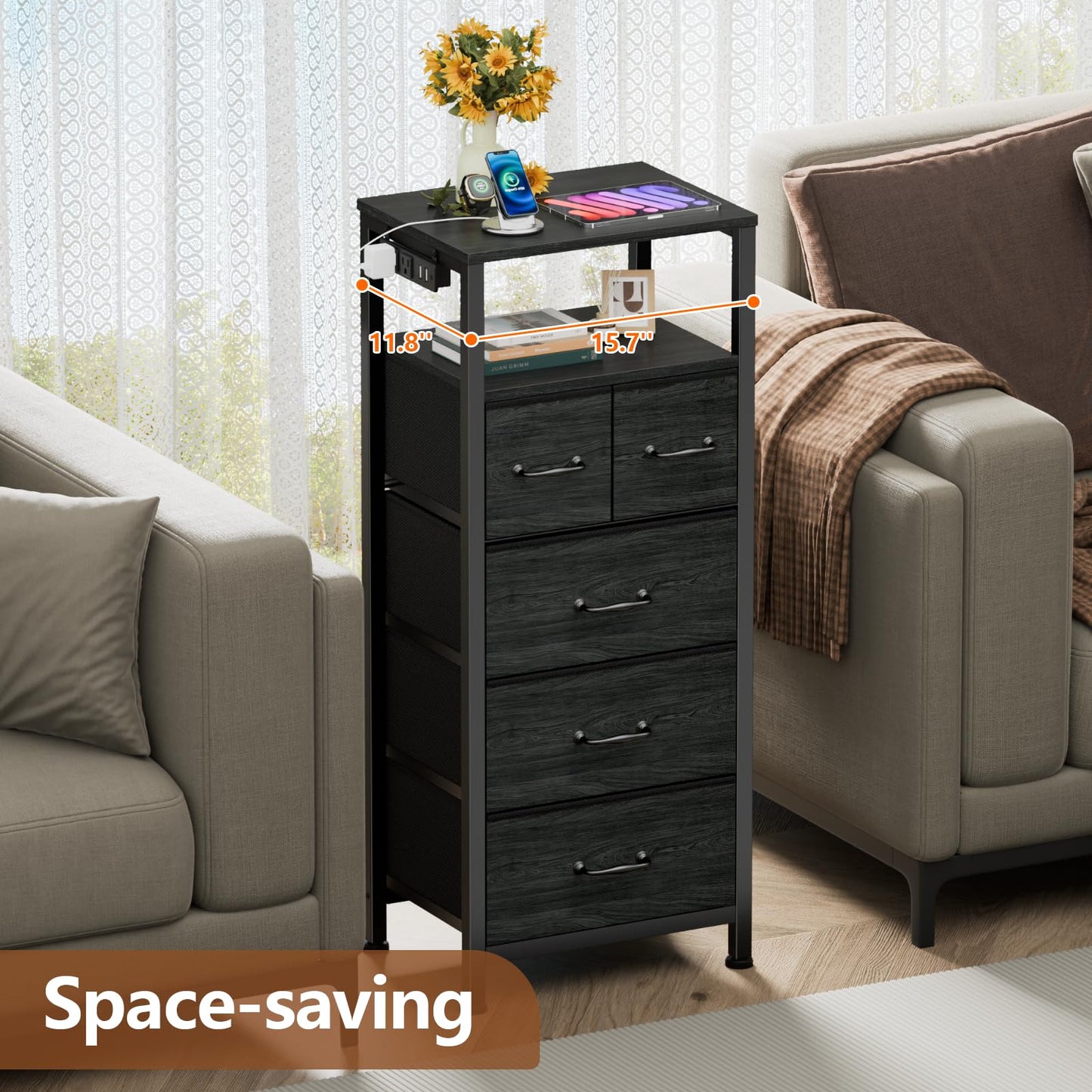 Furnulem Dresser for Bedroom, Tall Nightstand, Vertical Chest with Wood Top, Charging Station, LED Lights, 5 Fabric Bins, Bedside Table with Shelf, Furniture for Entryway (5 Drawer, Black Oak)
