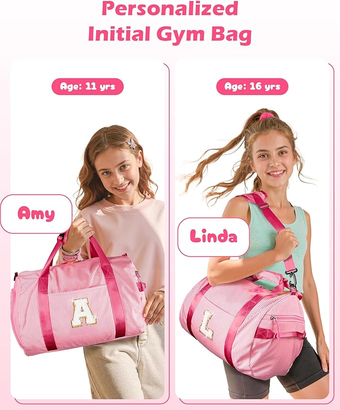 Cheer Up Gift for Teen Girls, Girl Gym Bag, Kids Initial Overnight Duffel Bags with Shoe Compartment, Personalized Travel Bag with Makeup Pouch, Gifts for 3 4 5 6 7 Year Old Kid (Letter T)