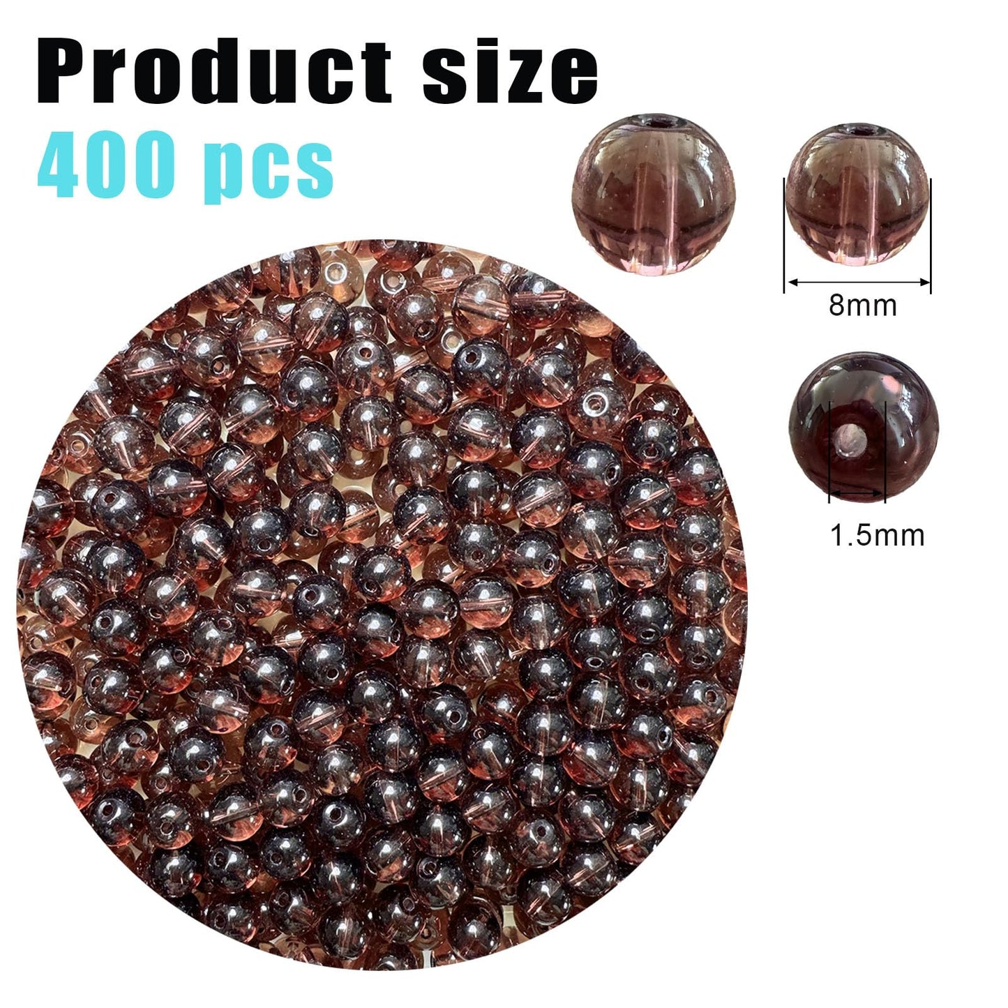 PAMIR TONG 400pcs 8mm Round Glass Beads for Bracelet Transparent Brown Pretty Smooth Loose Beads for Necklace-Earring-Jewelry Making and DIY Crafts