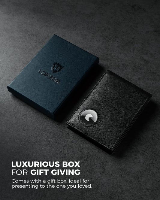 LORZOR Mens Wallet with AirTag Holder, Bifold Full Grain Leather AirTag Wallet with ID Window RFID Blocking Gift Box for Men, up to 12 Cards