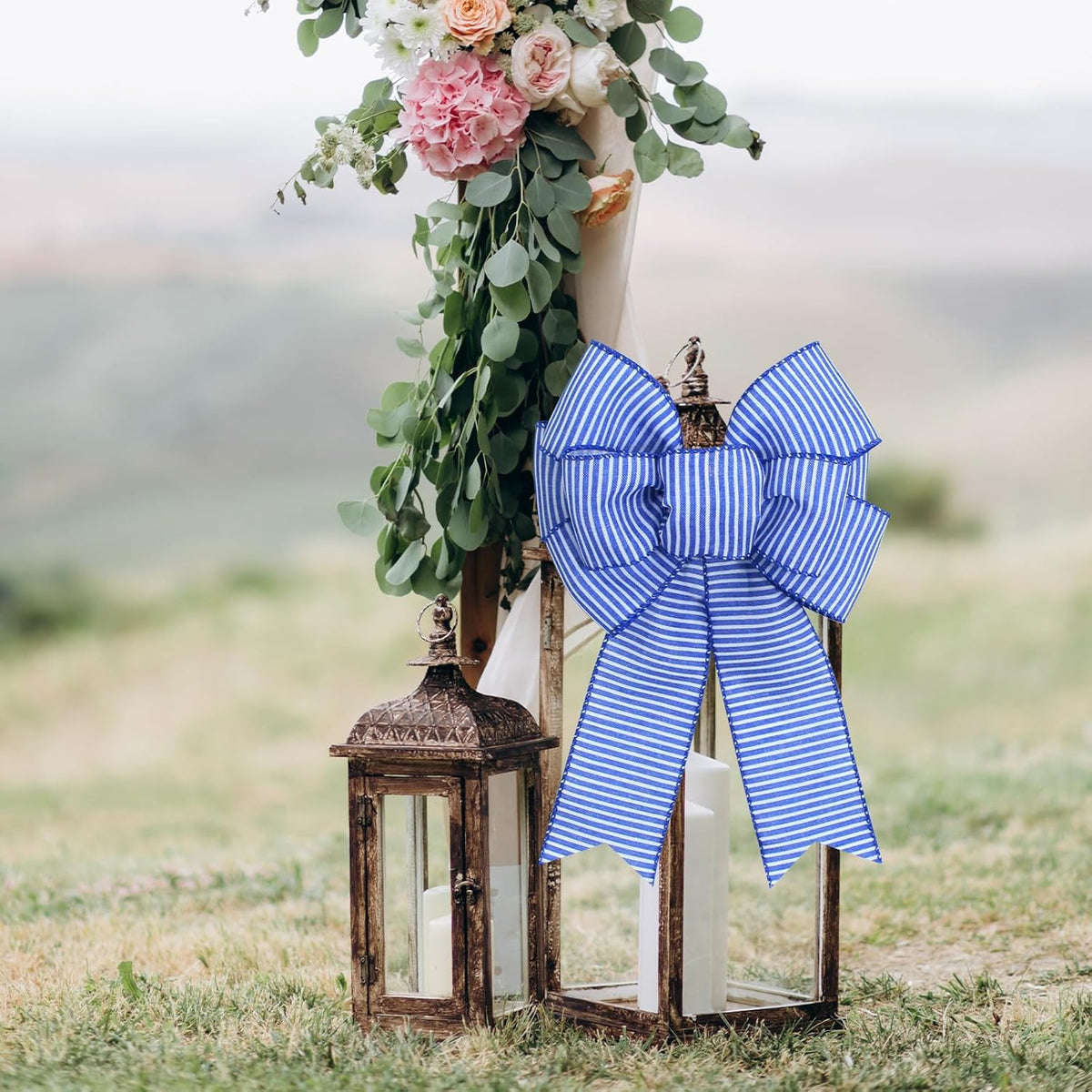 Regine Switzerland Blue & White Stripe Wreath Bows - Rustic Burlap Decor for Weddings & Parties