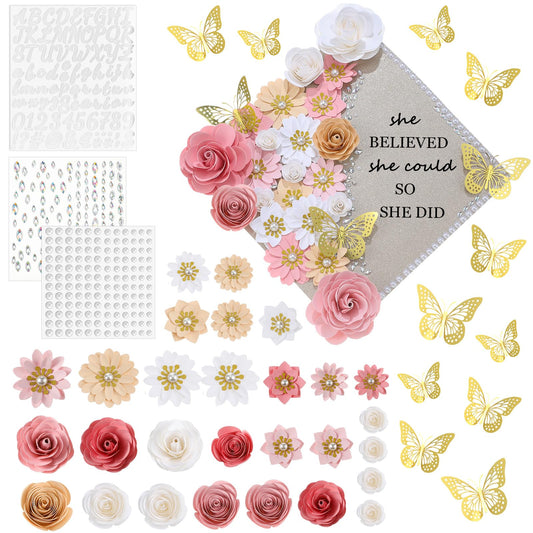 Thiccywoov 43 Pcs Graduation Cap Decorations Kit Includes Artificial Flowers Faux Flower Heads 3D Butterfly Stickers Pearl Rhinestones Glitter Stickers for Grad Cap Topper DIY Graduation Gift(Pink)