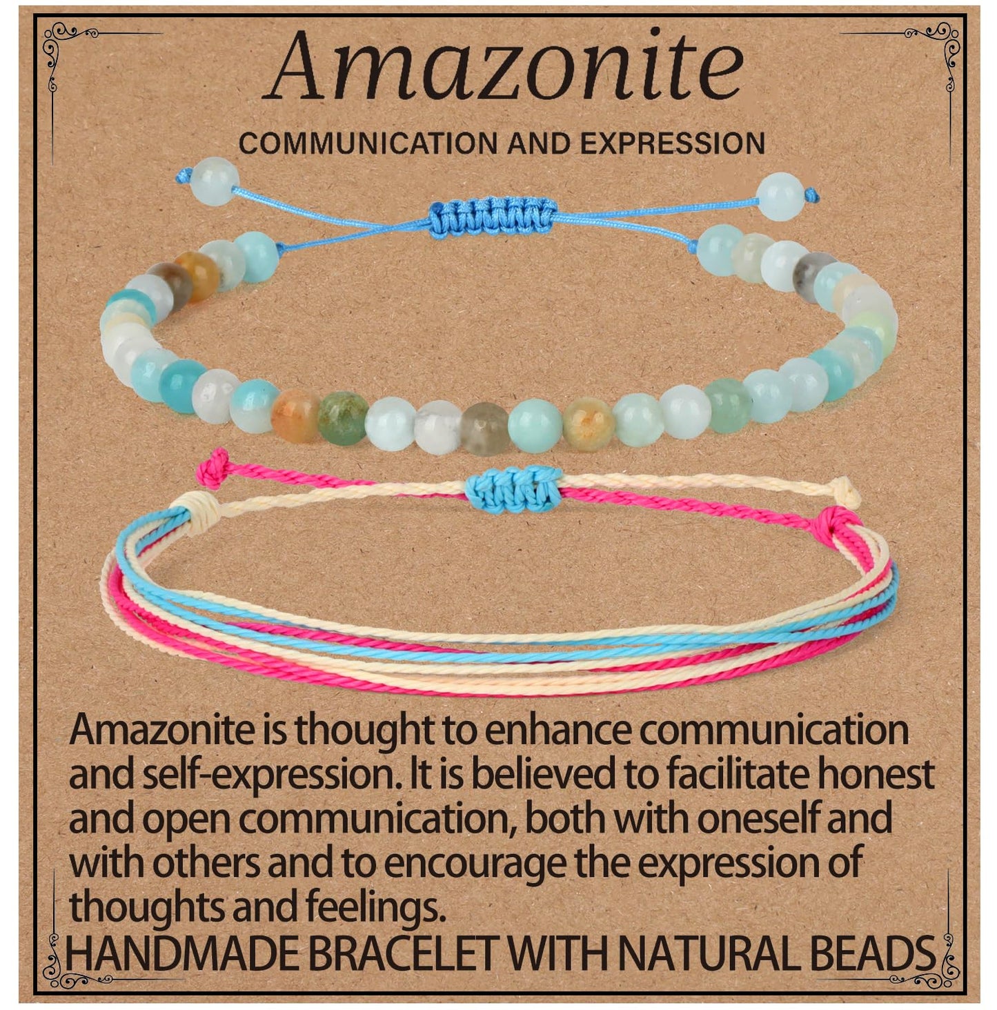 LPBeads 4mm Amazonite Bracelet with Handmade Rope Bracelet Size Adjustable Natural Stone Crystal Healing Bracelets Gifts for Unisex Adults