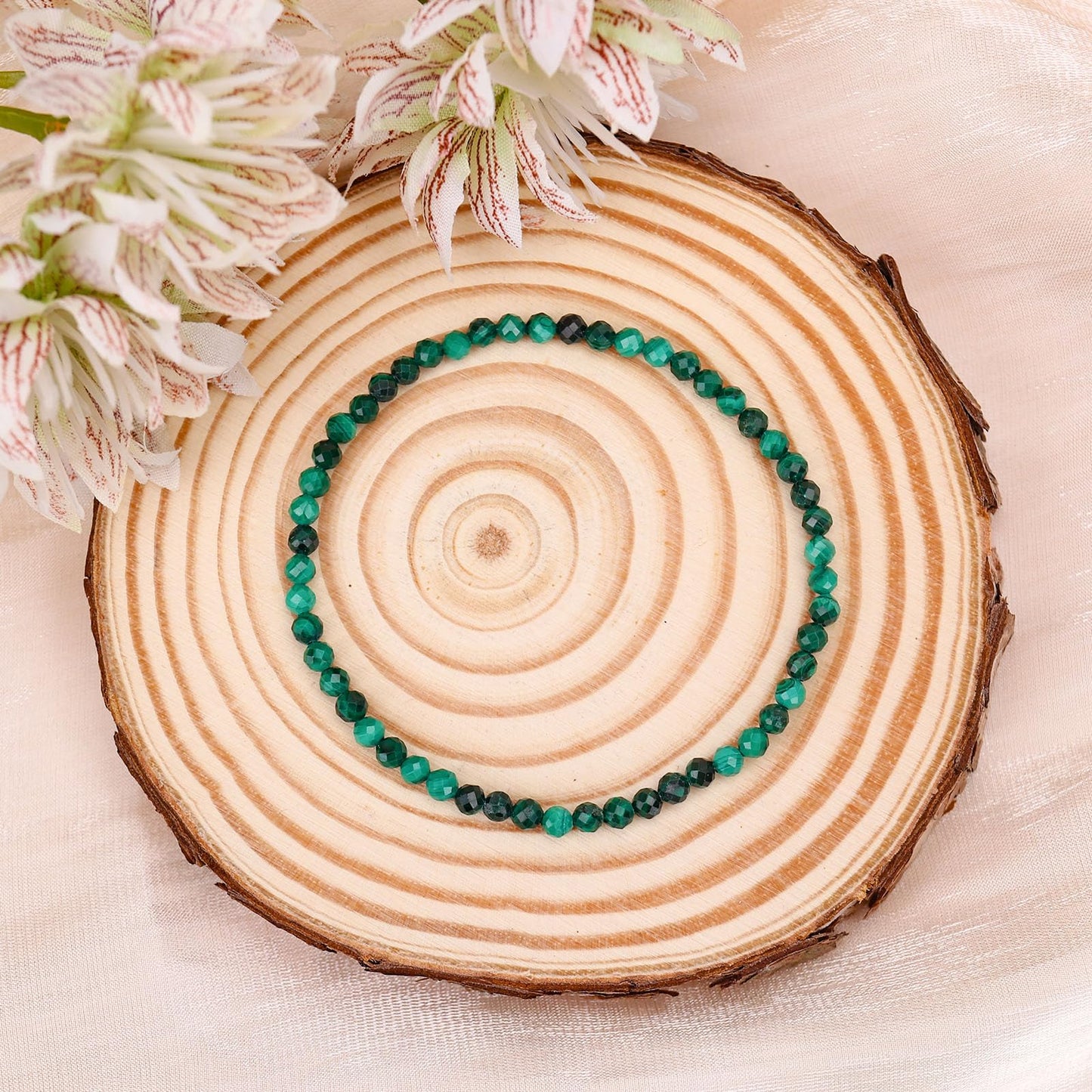 BONNY BOXX Natural Genuine Gemstone Faceted Round Beads Bracelets, 3mm Adjustable Stretchy Tiny Faceted Malachite Bracelet, Healing Crystal Reiki Chakra Dainty Jewelry Fashion Gifts