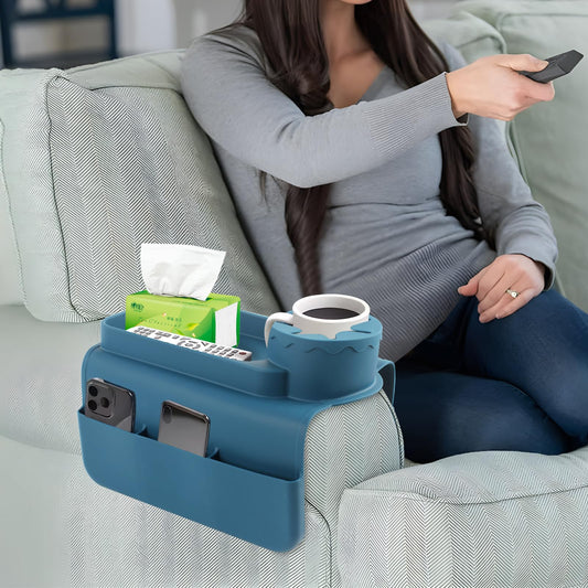 CENELO Silicone Couch Cup Holder - Anti-Slip Sofa Armrest Tray with Cup Holder & 4 Pockets, Large Size Foldable Couch Arm Tray for Cup, Snack, Phone, Tablet, Remote Control, Gifts for Mom Dad