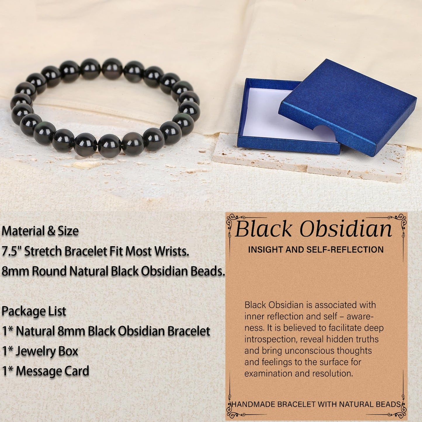 LPBeads Handmade Natural Gemstone Stretch Elastic 8m Black Obsidian Bracelet Healing Crystal Round Stone Beads Jewelry Gifts for Women Men