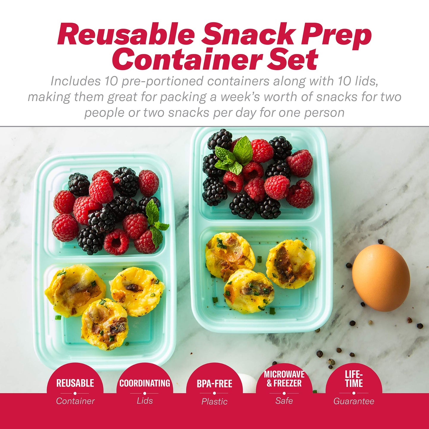 GoodCook 2-Compartment Food Storage Container Set with Snap-Shut Lids, Reusable Divided Snack Containers with Lids, Set of 10, Blue