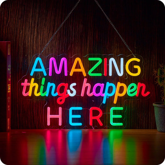 Amazing Things Happen Here Neon Sign, Positive Affirmation LED Light for Wall Decor Multicolored Light Up Signs for Classroom Kindergarten Wedding Party Store Home, Compatible with Timer
