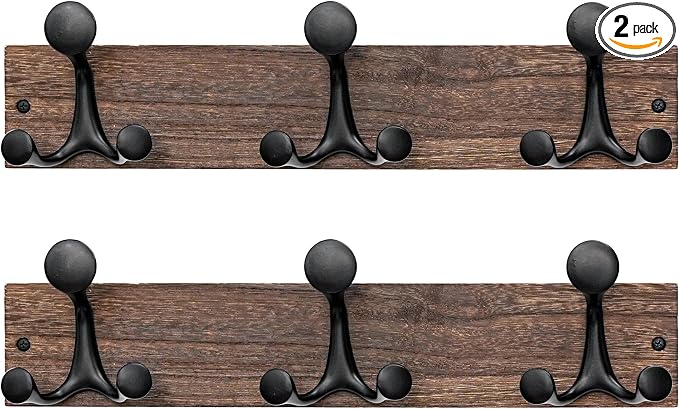 SKOLOO 17-Inch Wood Burnt Coat Rack Wall Mount with 3 Triple Hooks - Ideal for Family Entrances, Classrooms, and Pet Supplies Storage - Perfect Coat Hooks for Wall, Pack of 2