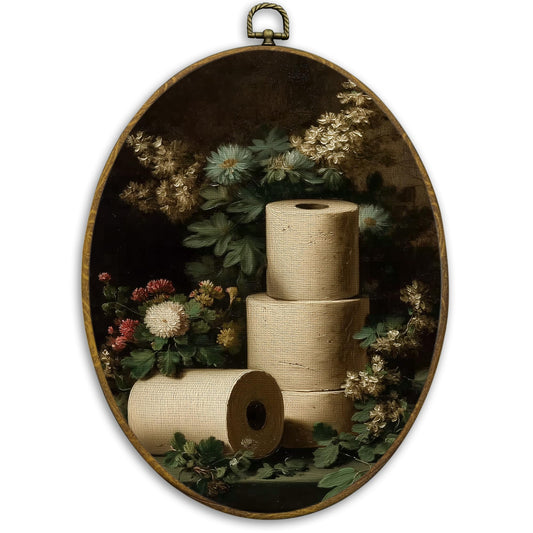 CUANFDDSF Dark Green Botanical Bathroom Oval Wall Art Decor, Dark Cottagecore Wall Hanging Decor, Moody Farmhouse Toilet Paper Framed Canvas Prints for Bathroom Washroom Restroom, 8.6x11.4 Inch