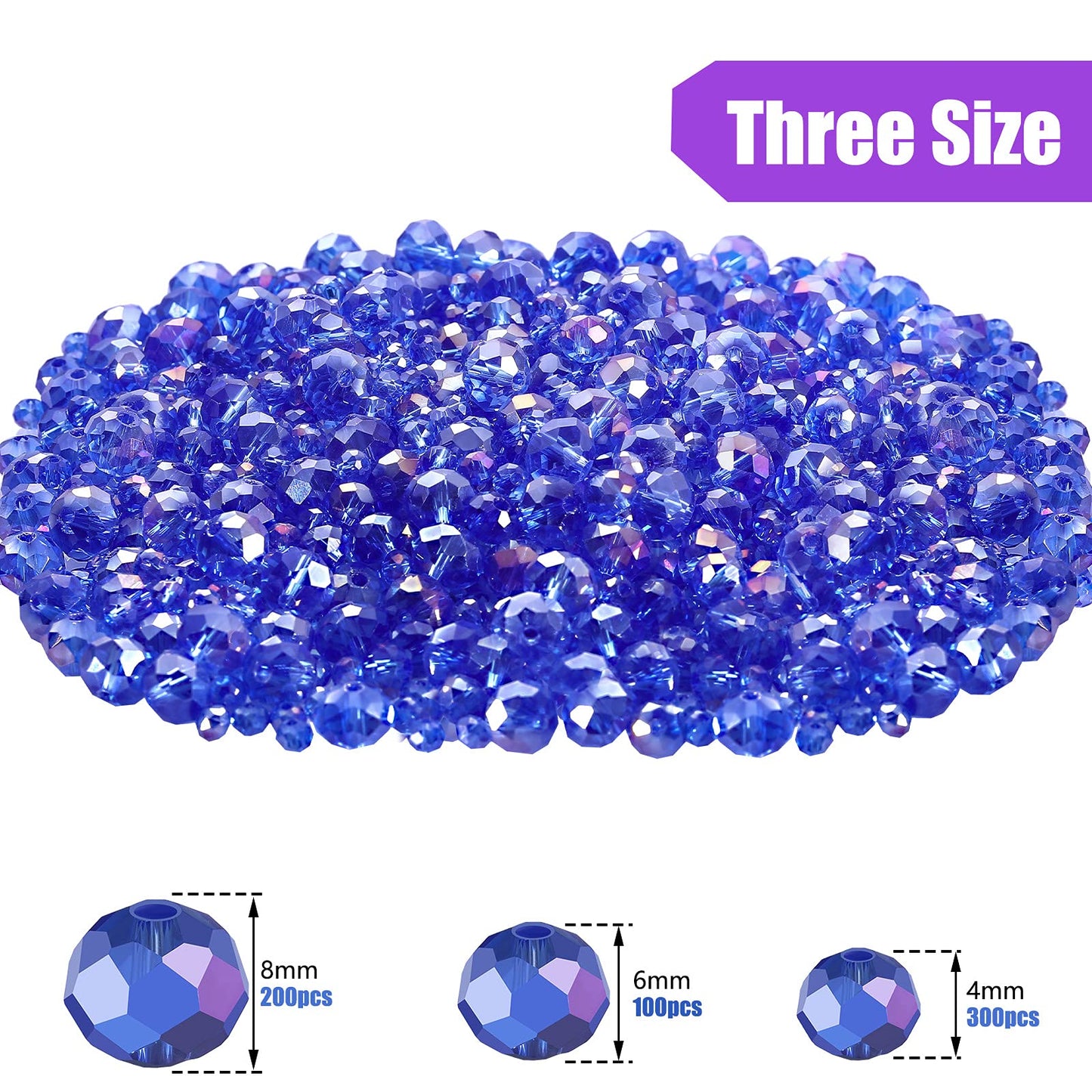 WILLBOND 600 Pcs Crystal Glass Beads for Jewelry Making Bulk Suncatcher Faceted Rondelle Loose Gemstone for Valentine's Day, Irish Holiday, Easter Bracelet DIY Crafts 8mm, 6mm, 4mm(Blue AB Color)