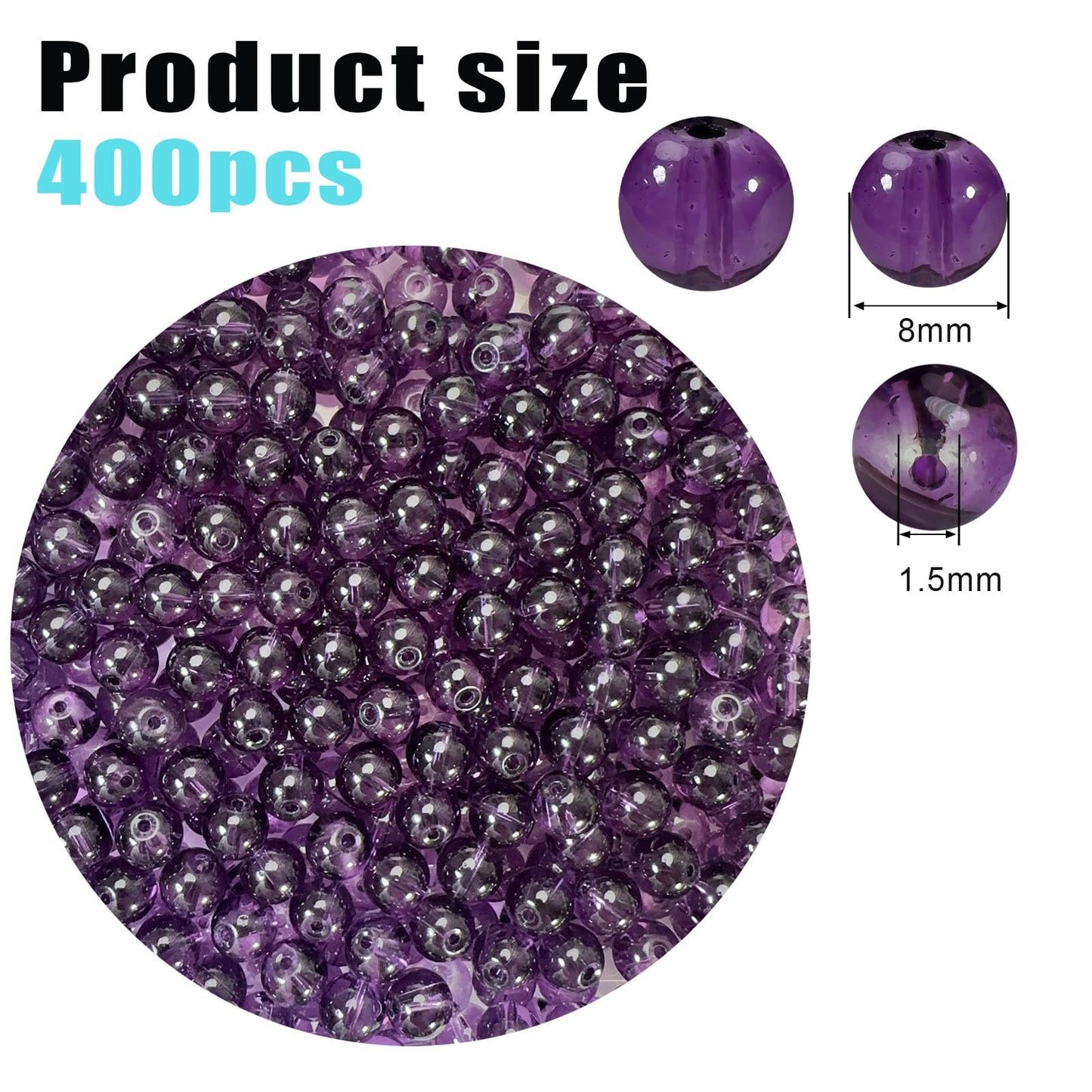 PAMIR TONG 400pcs 8mm Transparent Purple Round Glass Beads for Bracelet Pretty Smooth Loose Beads for Necklace-Earring-Jewelry Making-Home Decor and DIY Crafts & Projects