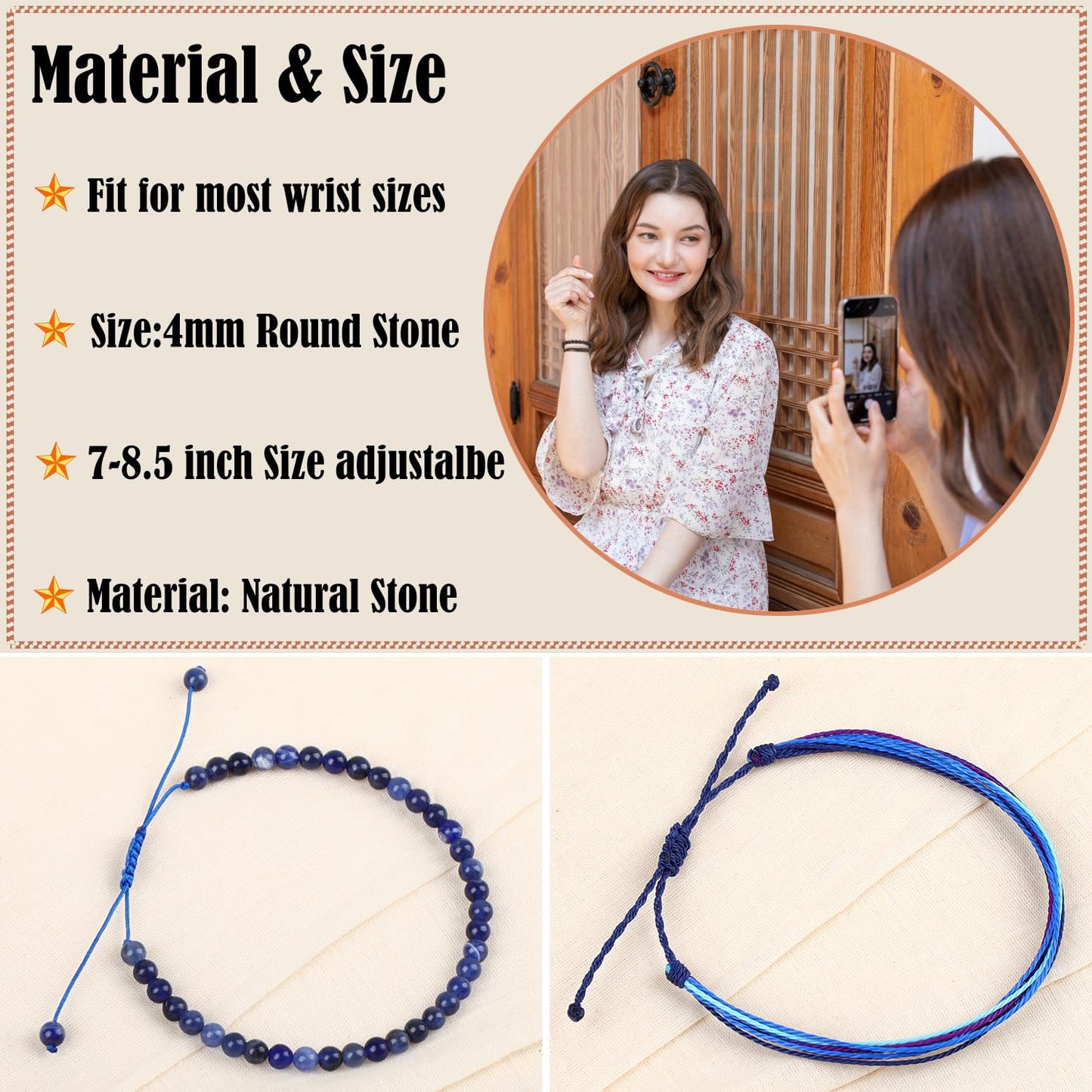 LPBeads 4mm Blue Sodalite Bracelet with Handmade Rope Bracelet Size Adjustable Natural Stone Crystal Healing Bracelets Gifts for Unisex Adults