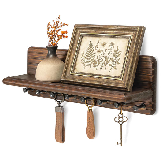Rebee Vision Retro Key Holder wall Mount for Room Decor – Farmhouse Key Hanger with 8 Durable Hooks & Floating Shelf for Coat Rack – Mail Organizer for Entryway, Wall Decor, or Office Decor (Brown)