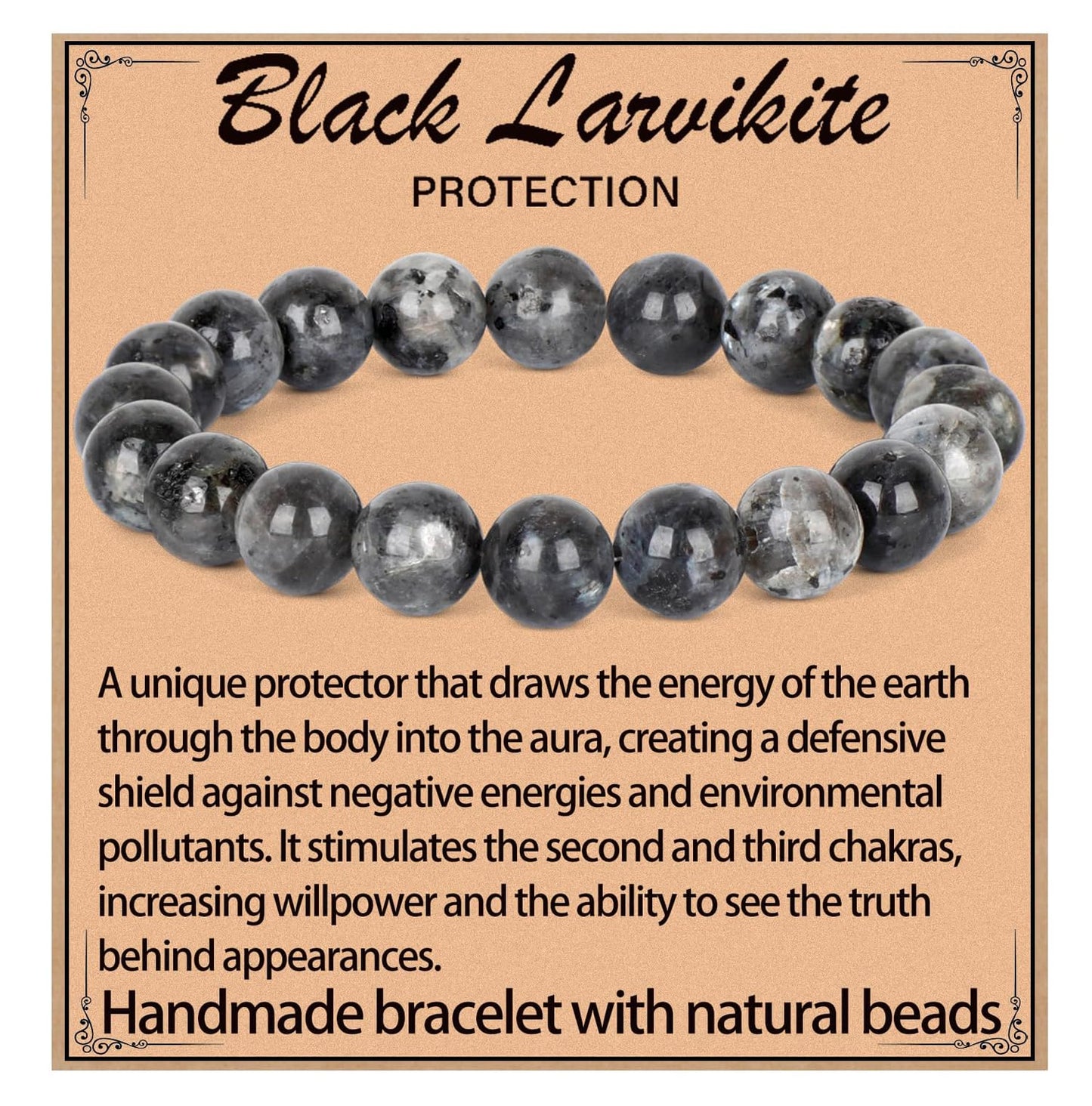 LPBeads Handmade Natural Gemstone Stretch Elastic 10mm Black Larvikite Bracelet Healing Crystal Round Stone Beads Jewelry Gifts for Women Men