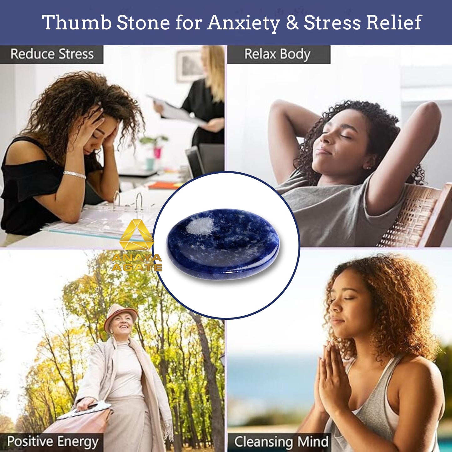 Anaya Agate Sodalite Worry Stones Certified Crystal Thumb Worry Stone for Anguish, Relaxing and Soothing Balance Stones for Meditation, Stress Relief Crystals and Healing Stones for Men, Women