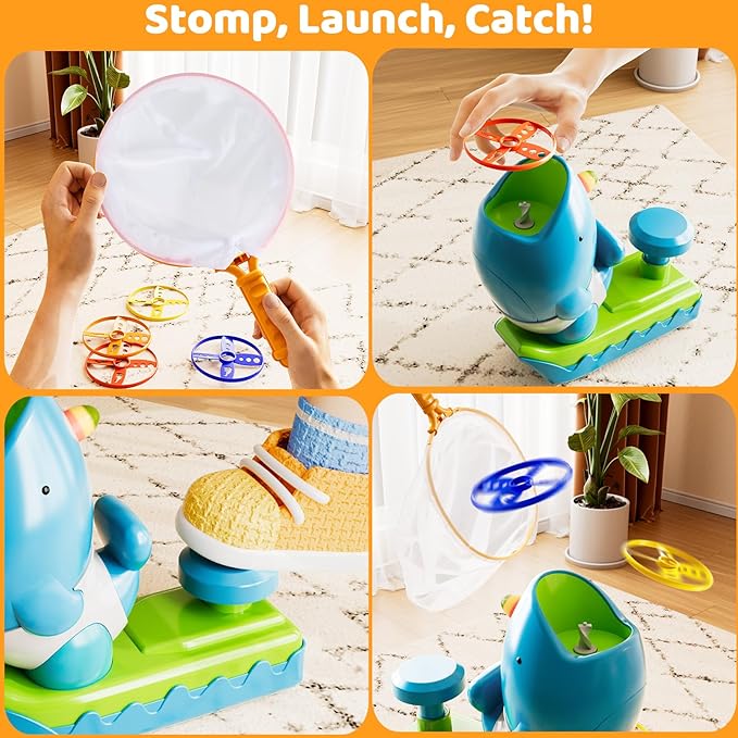 Flying Disc Launcher Outdoor Toys with 1 Whale Launcher, 24 Flying Discs, 2 Butterfly Nets and 2 Protective Glasses, Outside Toys for Kids Ages 3-5 6-8 Boys Girls Chasing Catching Games Birthday Gifts