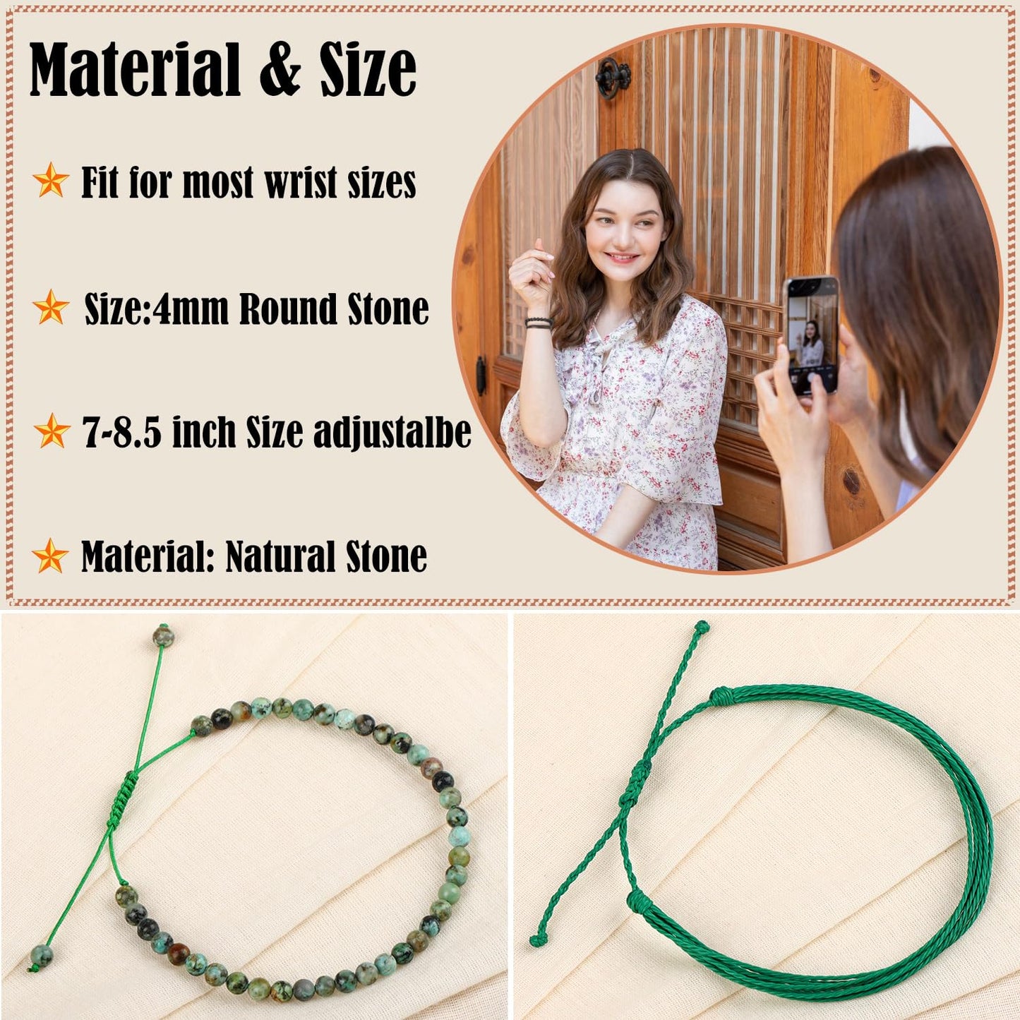 LPBeads 4mm African Turquoise Bracelet with Handmade Rope Bracelet Size Adjustable Natural Stone Crystal Healing Bracelets Gifts for Unisex Adults