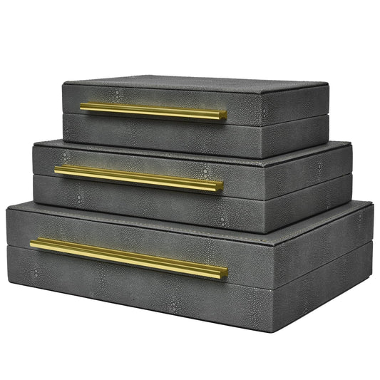DECOR4SEASON Faux Shagreen Decorative Storage Boxes – Set of 3 Stackable Jewelry Organizers with Gold Metal Handles & Velvet Lining, Modern Grey Box for Vanity, Entryway & Coffee Table Décor