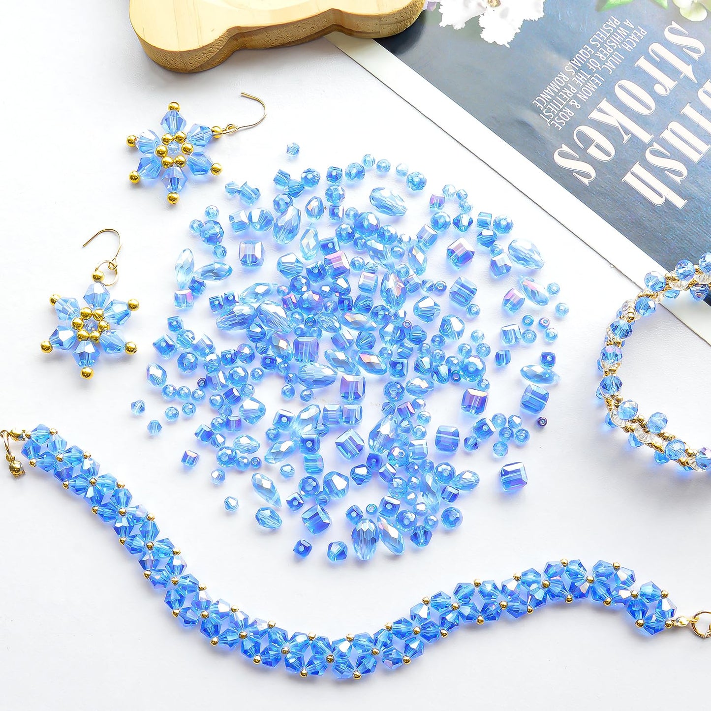Laopottbeads 1500 Pcs Crystal Glass Beads for Jewelry Making – 12 Styles Bicone, Rondelle, Cube, Teardrop & 3mm Spacer Beads, DIY Bracelet Necklace Earring Craft Kit with Organizer Box(Blue)
